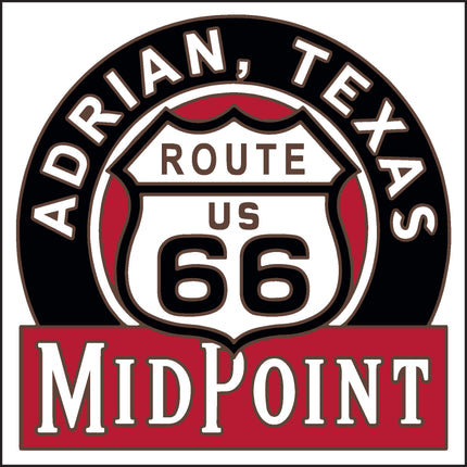 Logo of Route 66 Midpoint in Adrian, Texas with a shield design and text. Adrian, Texas Route 66 Midpoint Tile | Ceramic Tile Trivet Art Gift 