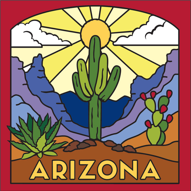 Desert scene with cacti and mountains, featuring the word 'Arizona'.