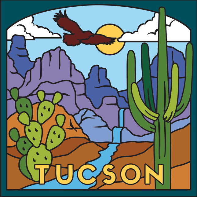 Desert scene with cacti, mountains, and an eagle, featuring the word 'Tucson'.