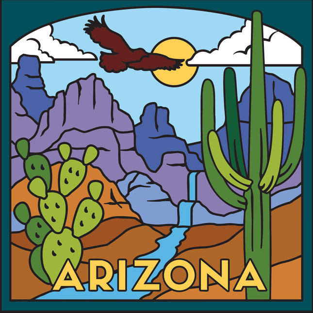 Illustration of a desert landscape with mountains, cacti, and an eagle, featuring the word 'Arizona'. kitchen trivet