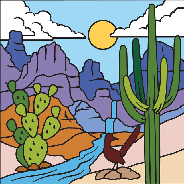 Desert landscape with cacti, mountains, and a bird ceramic tile.