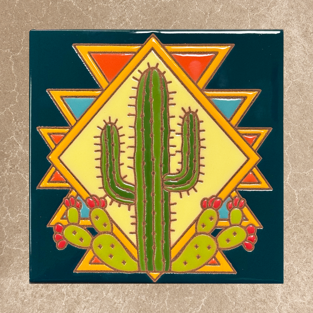 Southwest Saguaro ceramic tile with geometric border