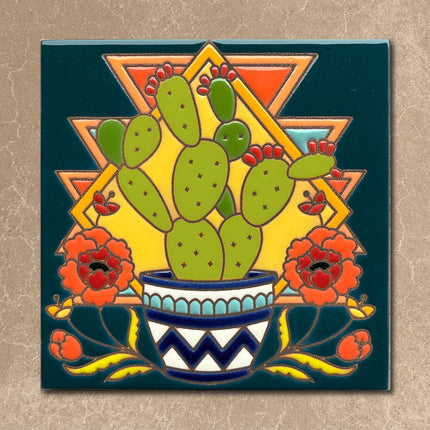 Decorative tile with a cactus and geometric design on a beige background