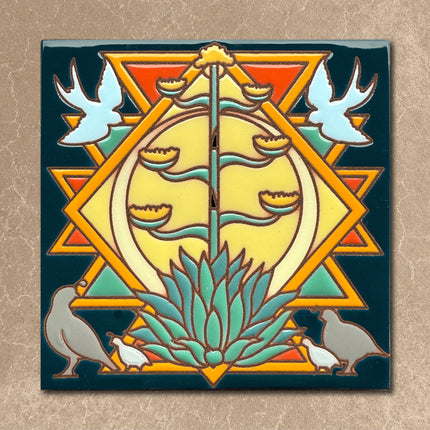 Decorative tile with geometric design, plants, and birds on a beige background