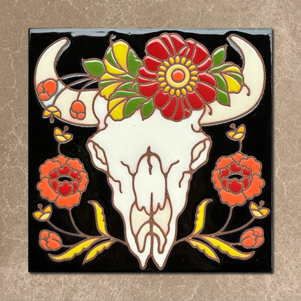 Cow Skull with Red Flowers Tile (9415)
