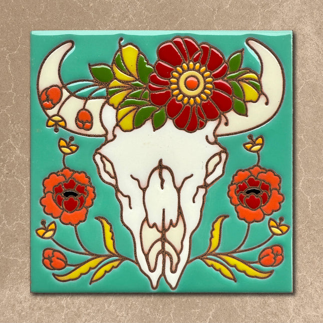 Cow Skull with Red Flowers Tile (9415)