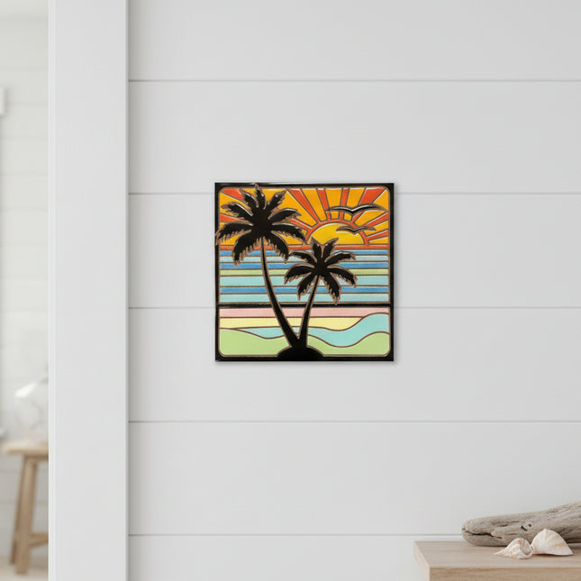 ceramic tile wall art with palm trees and a colorful sunset design on a textured surface