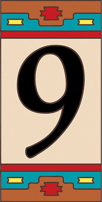 Decorative number '9' with tribal patterns on a beige background