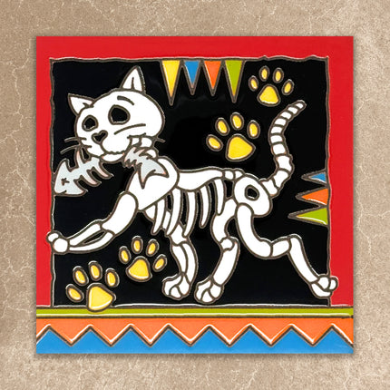 Skeletal cat design with colorful border on a textured beige background