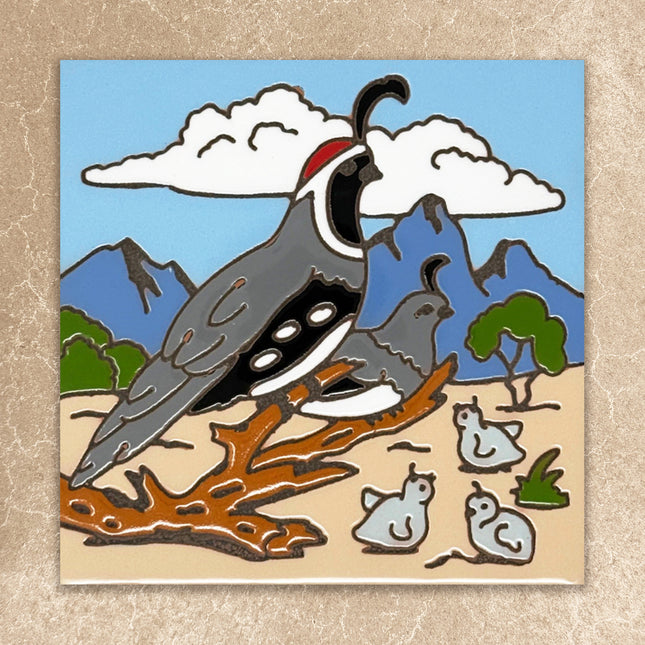 ceramic tile art of a quail on a branch with a mountain and cloud background