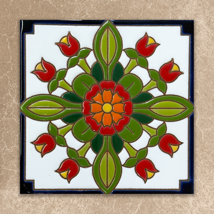 Decorative tile with a colorful floral design on a beige background