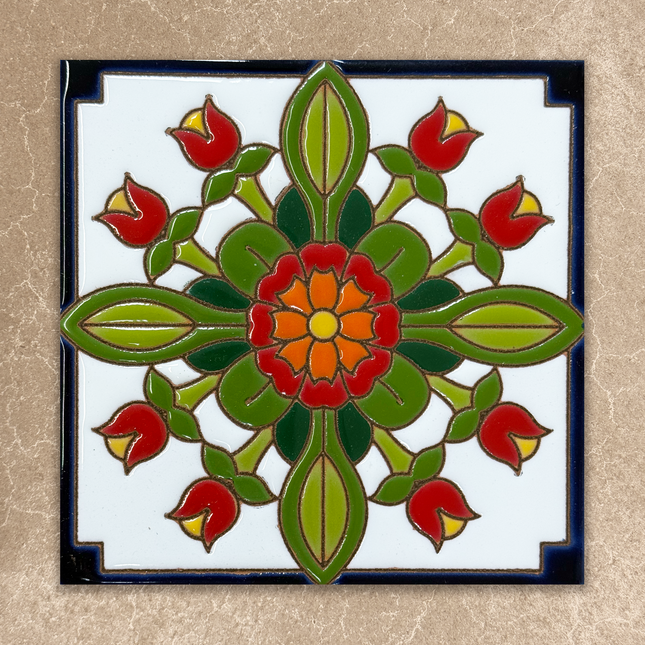 Decorative tile with a colorful floral design on a beige background
