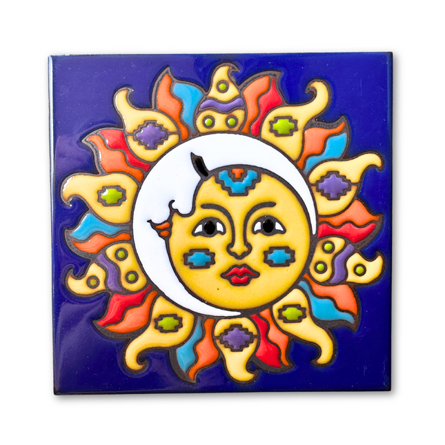 Colorful sun and moon design on a blue background