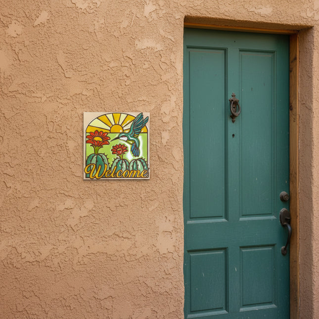 Decorative tile with a hummingbird, cactus, and flowers under a sun, featuring the word 'Welcome'.