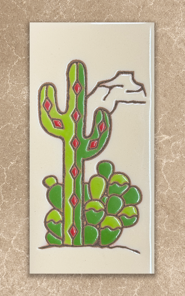 Decorative card with a stylized cactus design on a textured beige background
