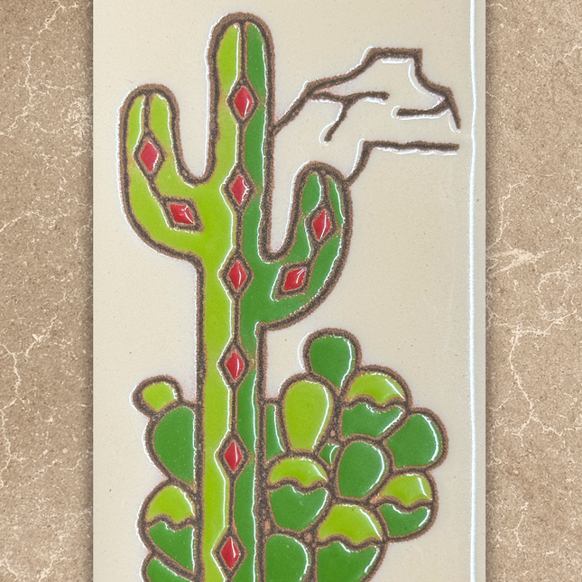 Decorative card with a stylized cactus design on a textured beige background