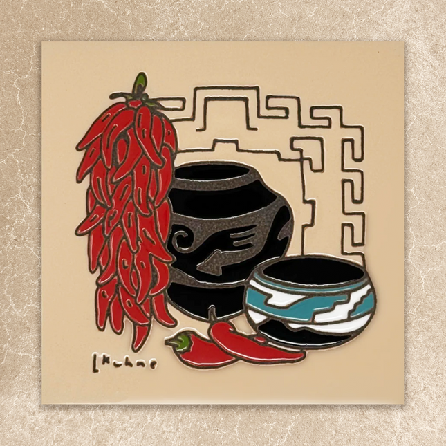 Illustration of red chilies and black pots on a beige background