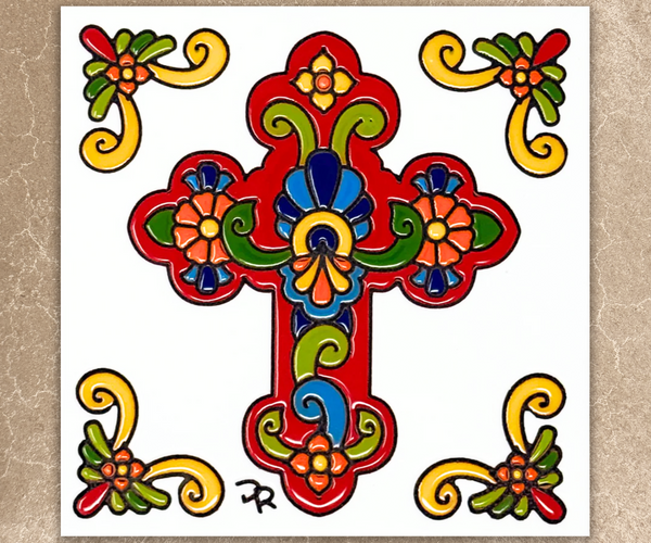Talavera Cross - Southwest Ceramic Tile Art Sign - Hand glazed