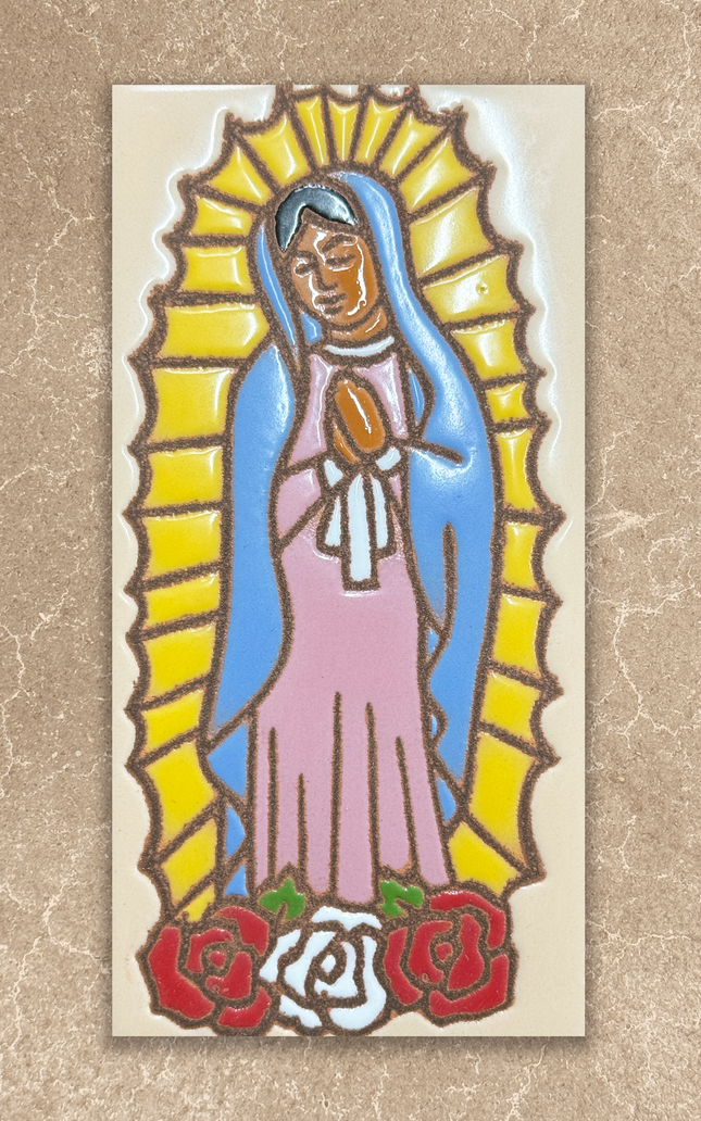 Sticker of a religious figure with a yellow光环and blue robe on a beige background