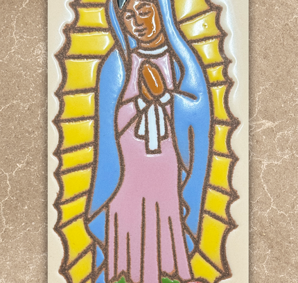 Sticker of a religious figure with a yellow光环and blue robe on a beige background