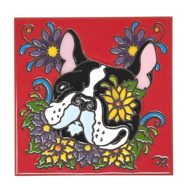Pup and Blooms - Ceramic Tile Art Gift for Dog and Pet Lovers - Kitchen Trivet Decorative Tile