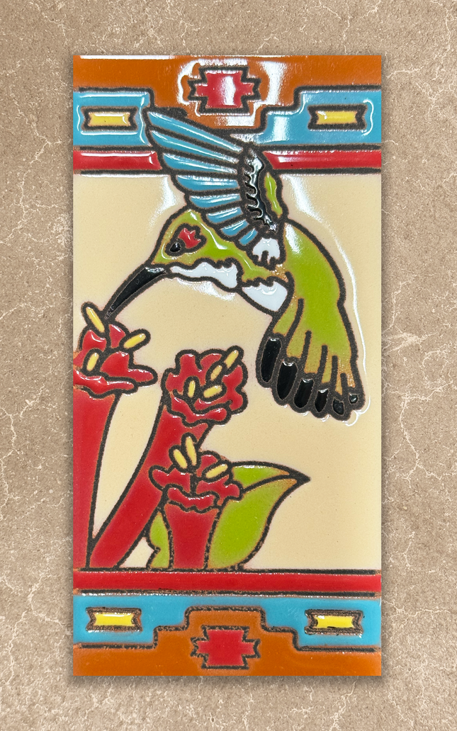 Decorative tile with a hummingbird and flowers on a beige background