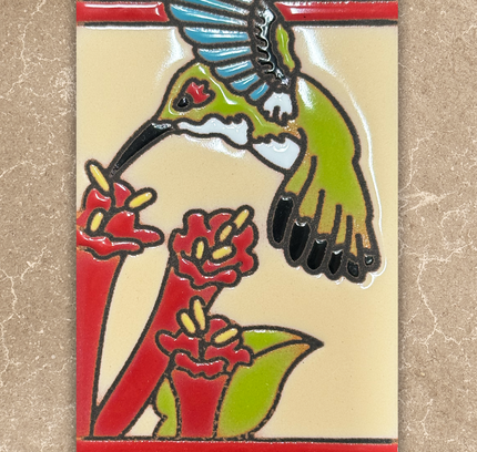Decorative tile with a hummingbird and flowers on a beige background