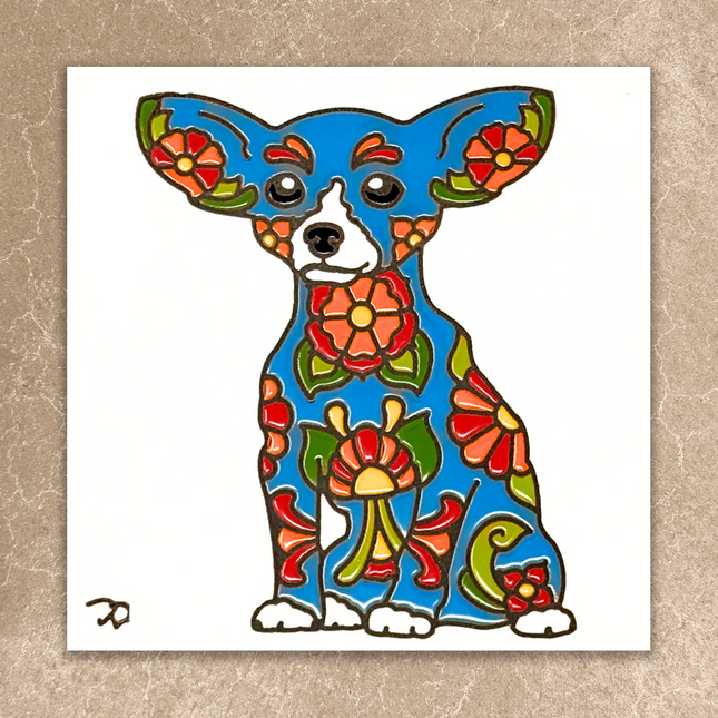 Colorful dog illustration with floral patterns on a beige background