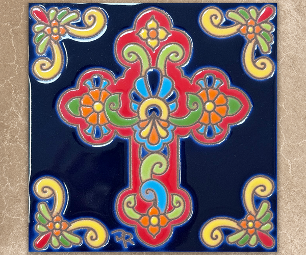 Talavera Cross - Southwest Ceramic Tile Art Sign - Hand glazed