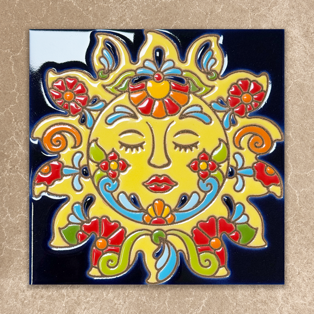 yellow sun ceramic tile on blue background