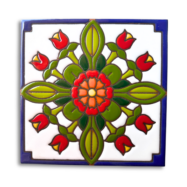 Decorative tile with a colorful floral design on a white background, colorful talavera ceramic tile with tulip flower and blue border