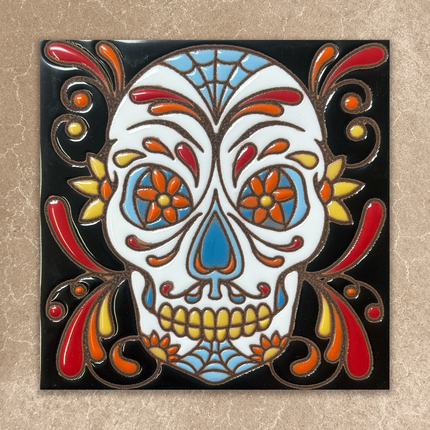 Colorful skull design with floral elements on a beige background
