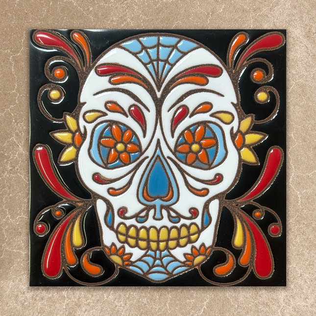 Colorful skull design with floral elements on a beige background